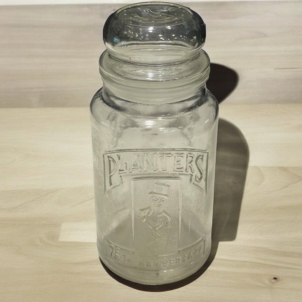 1981 Planters Collectible 75th Anniversary Jar Mr. Peanut Embossed Glass Jar